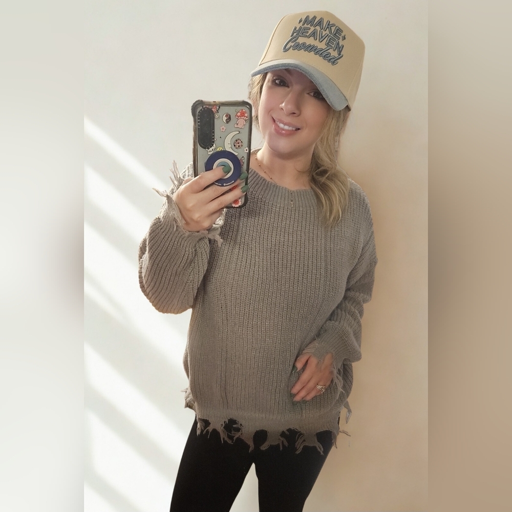 Cozy Aura Distressed Sweater - Stone Energy